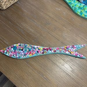 Handmade wooden fish with multi color stone pieces